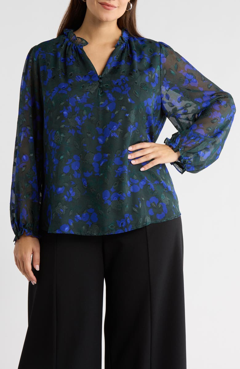 SUGARLIPS Sweetwater Floral Print Organza Top, Main, color, Emerald-Blue