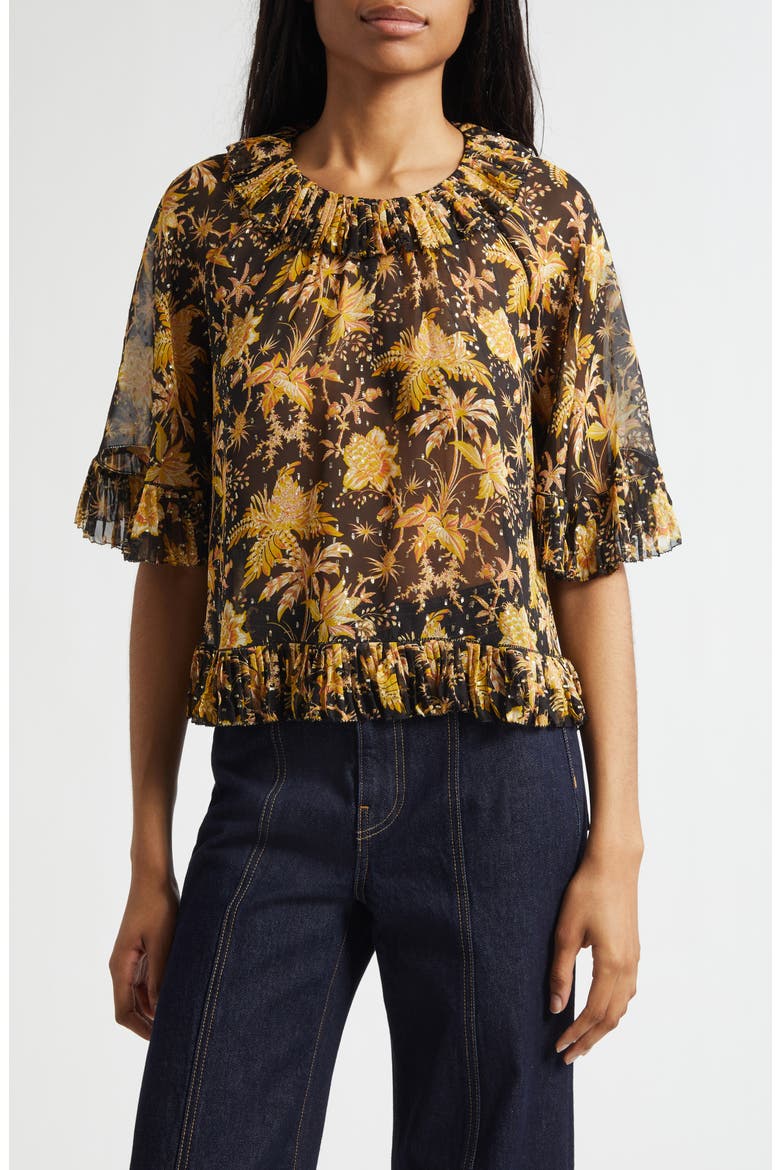 Helaine Botanical Print Metallic Flutter Sleeve Silk Blend Top, Main, color, FORSYTHIA