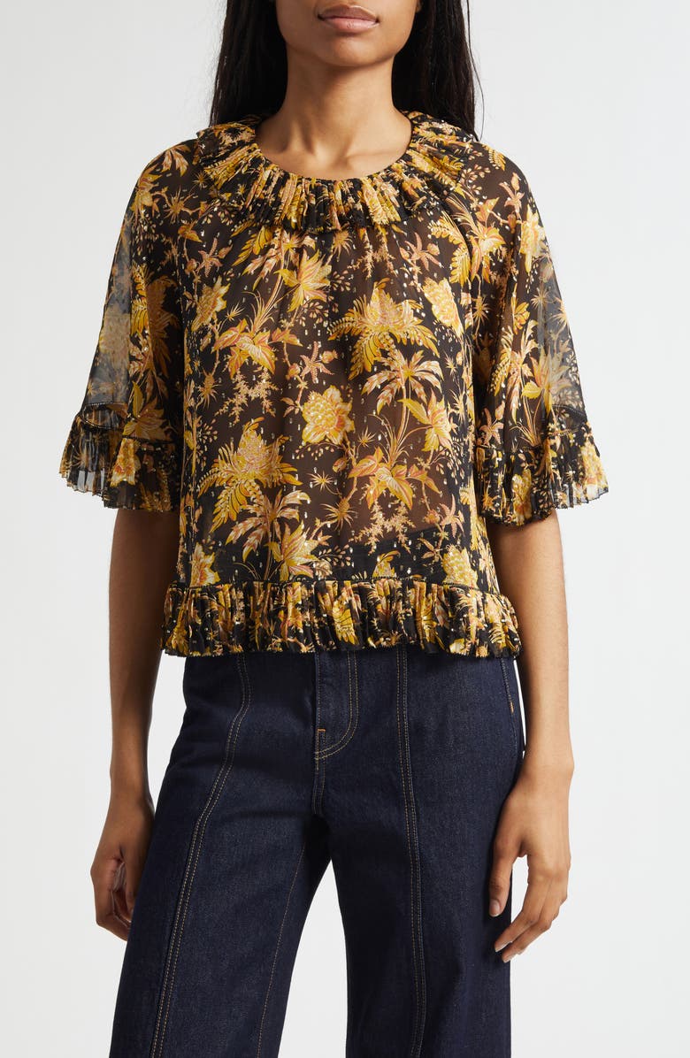 Ulla Johnson Helaine Botanical Print Metallic Flutter Sleeve Silk Blend Top, Main, color, Forsythia