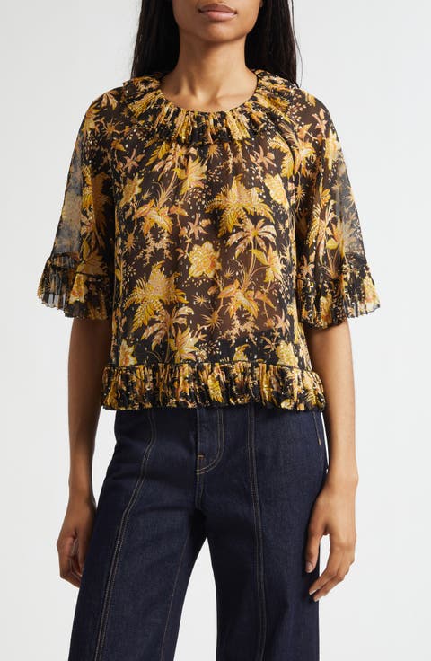 Helaine Botanical Print Metallic Flutter Sleeve Silk Blend Top