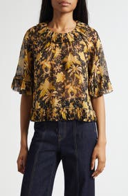 Ulla Johnson Helaine Botanical Print Metallic Flutter Sleeve Silk Blend Top
