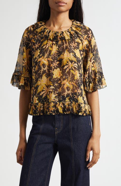 Ulla Johnson Helaine Botanical Print Metallic Flutter Sleeve Silk Blend Top In Yellow