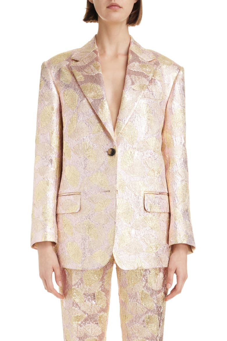 Birdy Shell Print Metallic Brocade Blazer, Main, color, GOLD 954