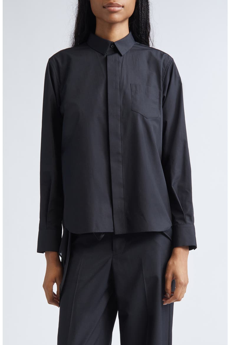 Mixed Media Poplin & Satin Button-Up Shirt, Main, color, BLACK