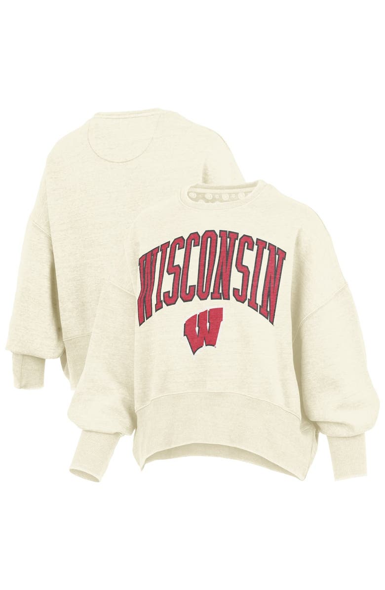 PRESSBOX Women's Pressbox Natural Wisconsin Badgers Oversized Waist-Length Crewneck Sweatshirt, Alternate, color, Natural