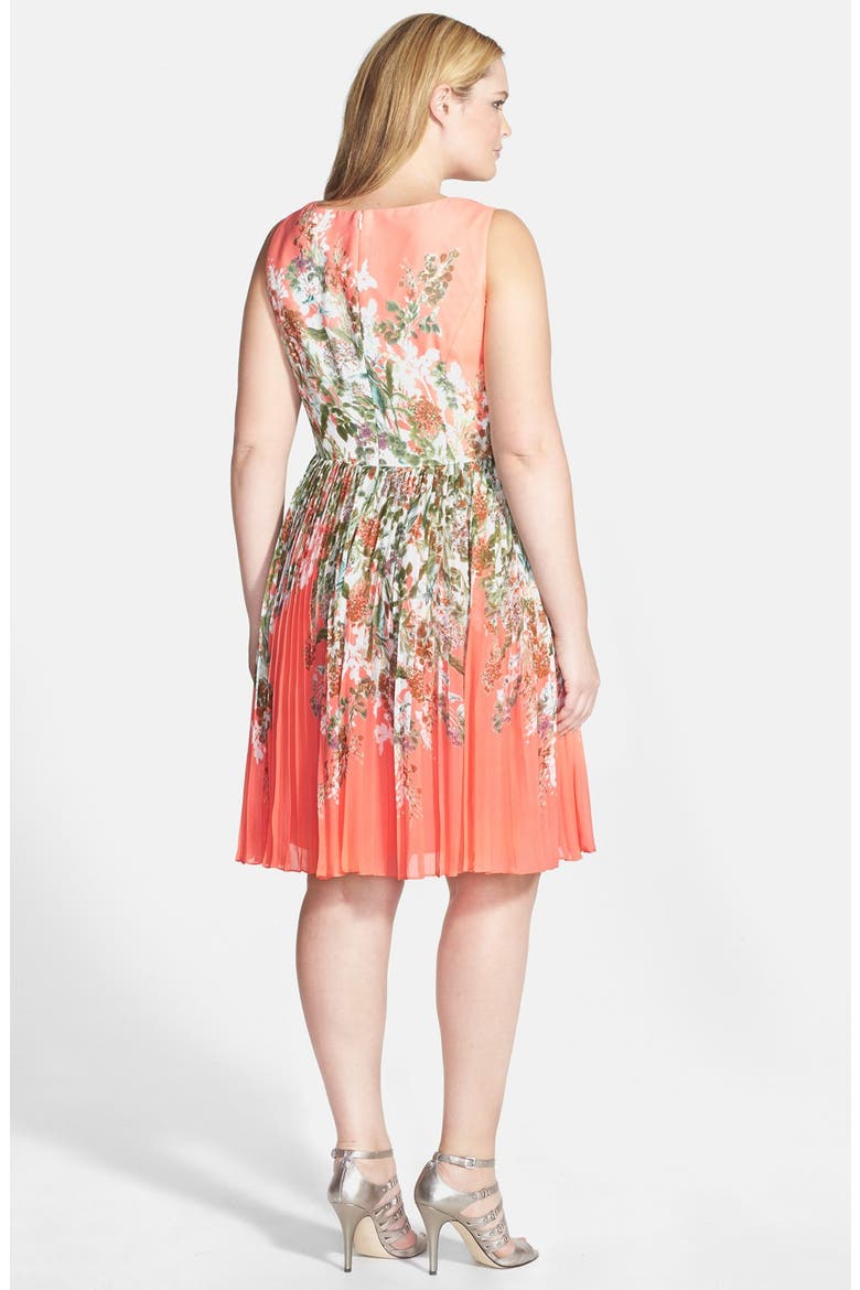 Floral Print Pleat Chiffon Fit & Flare Dress, Alternate, color, CORAL MULTI