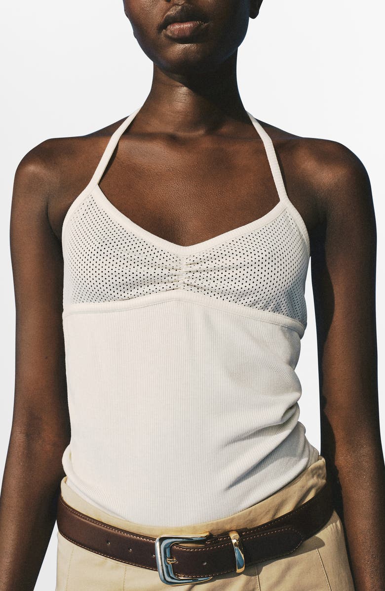MANGO Mesh Bodice Halter Top, Main, color, Off White