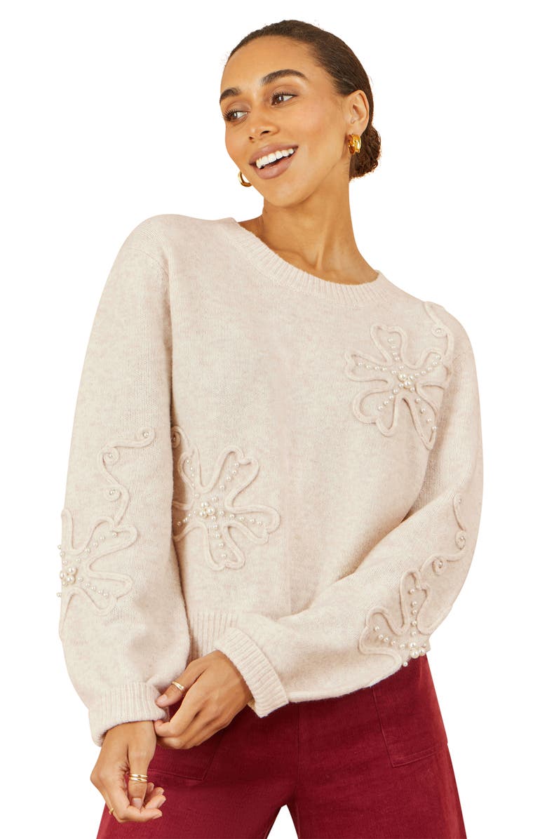 Yumi Floral Applique Sweater, Alternate, color, Oatmeal