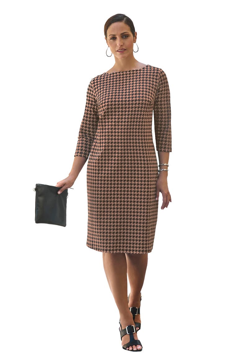 Stretch Cotton Boatneck Shift Dress, Main, color, CREAMY MOCHA HOUNDSTOOTH