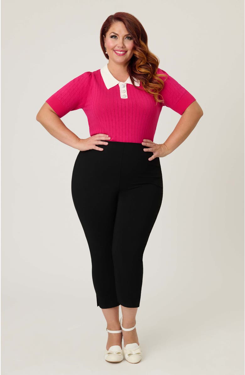 Unique Vintage Plus Size Collared Short Sleeve Prim & Pretty Sweater, Main, color, Hot Pink