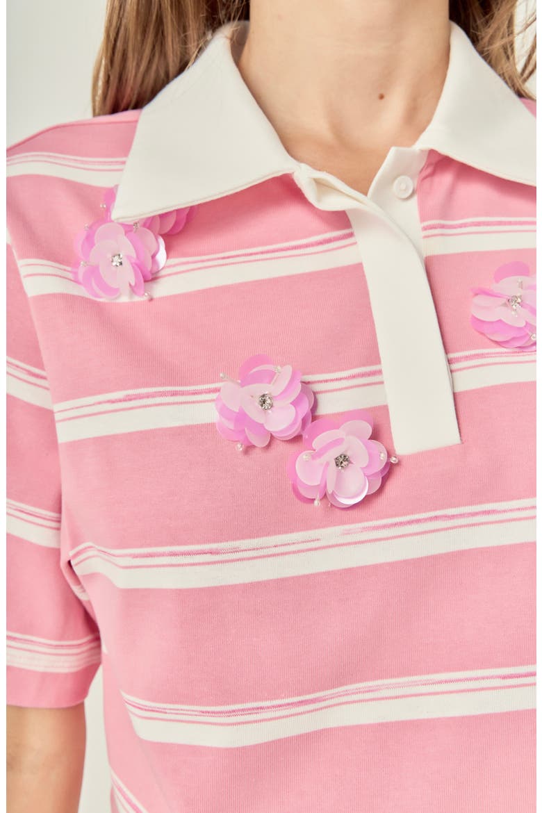Floral Embellished Striped Polo T-Shirt, Alternate, color, PINK/ OFF WHITE