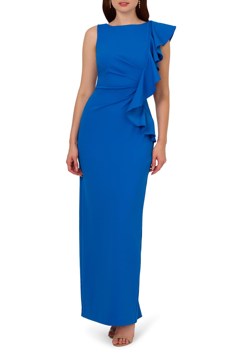 Adrianna Papell Ruffle Crepe Column Gown, Main, color, 