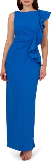 High Low Crepe Halter Gown With Organza Draping In French Blue - Adrianna Papell