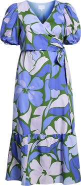 SUGARLIPS Dayana Floral Puff Sleeve Cotton Poplin Wrap Midi Dress