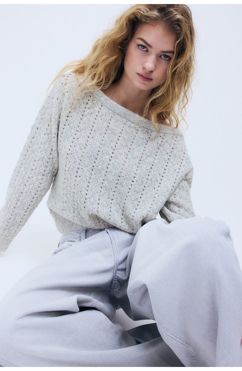 H&M Pointelle-knit Off-the-shoulder Jumper, Alternate, color, Light Gray