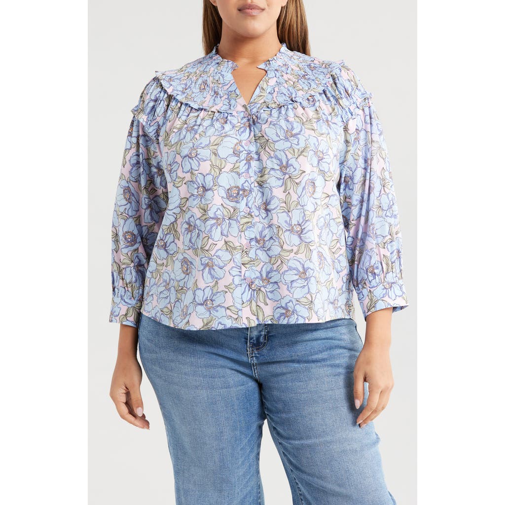 Wit & Wisdom Print Smocked Yoke Top In Rose Bloom/blue Crush Multi