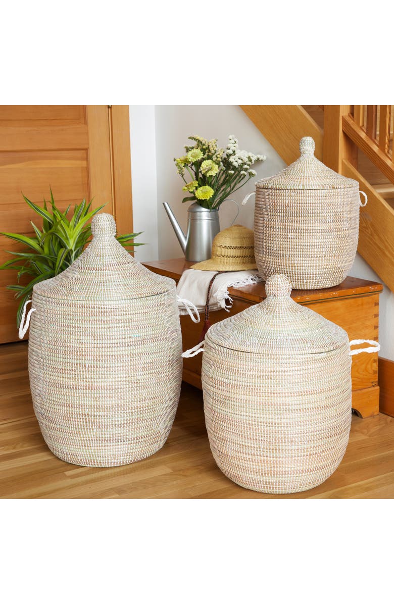 African Modern Set of Three Solid White Hampers, Alternate, color, White