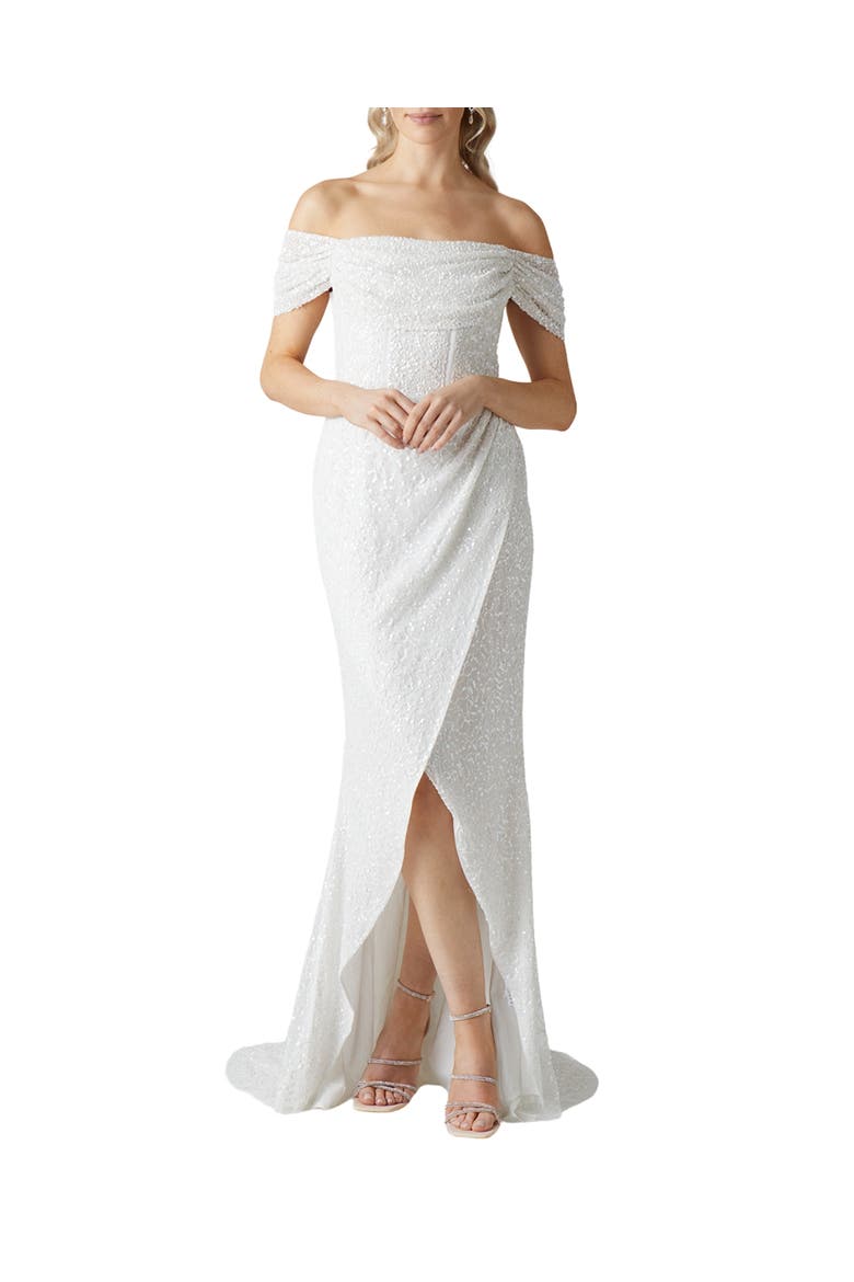 Sequin Bardot  Wrap Skirt Wedding Dress, Main, color, Ivory