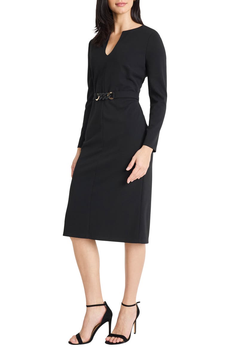 Belted Long Sleeve Sheath Dress, Alternate, color, BLACK