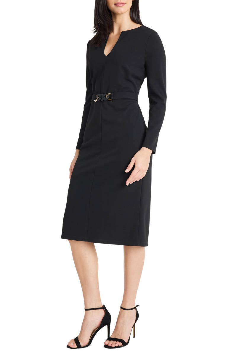 Maggy London Belted Long Sleeve Sheath Dress, Alternate, color, Black