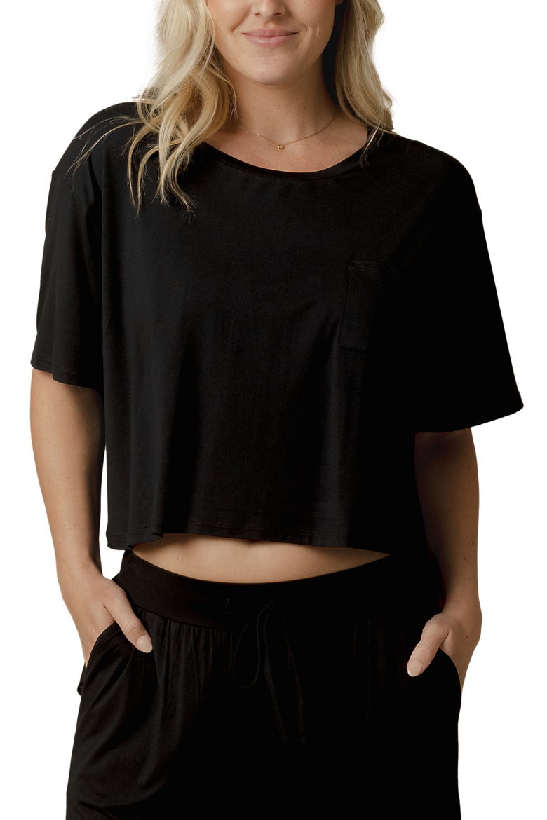 Aria Casual Cropped Short Sleeve Top, Main, color, Black