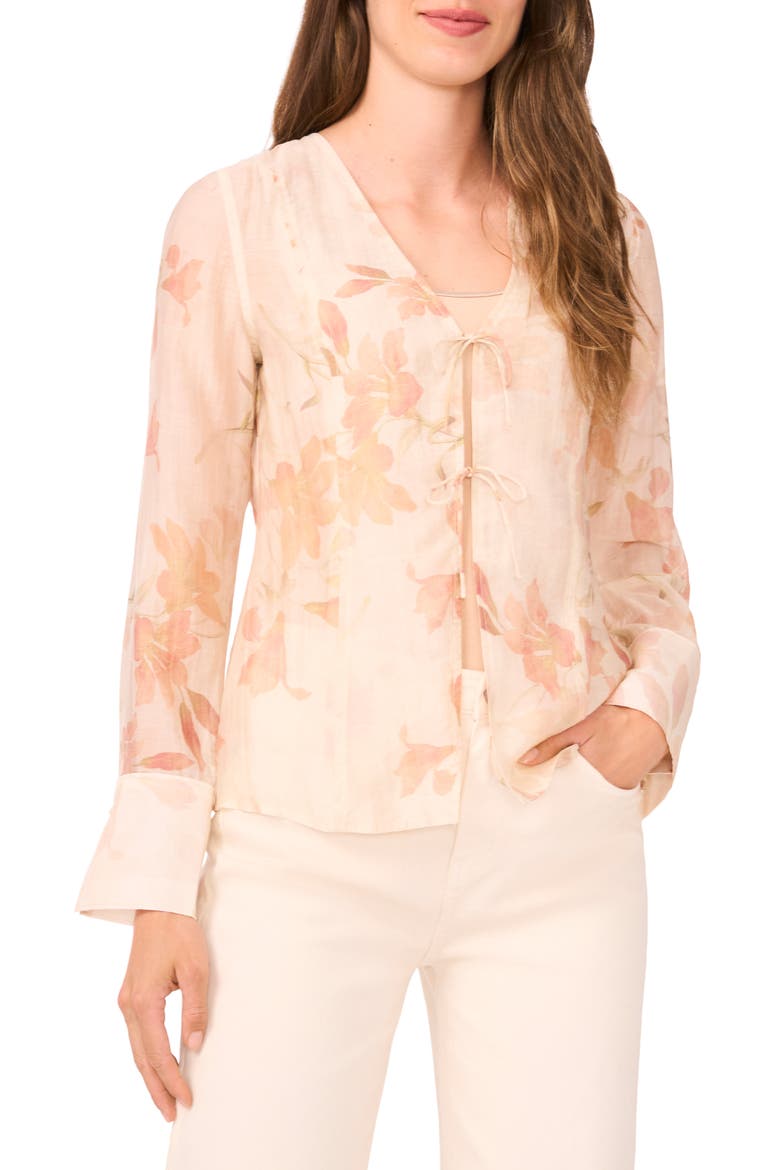 Floral Tie Front Shirt, Main, color, SILVER PINK