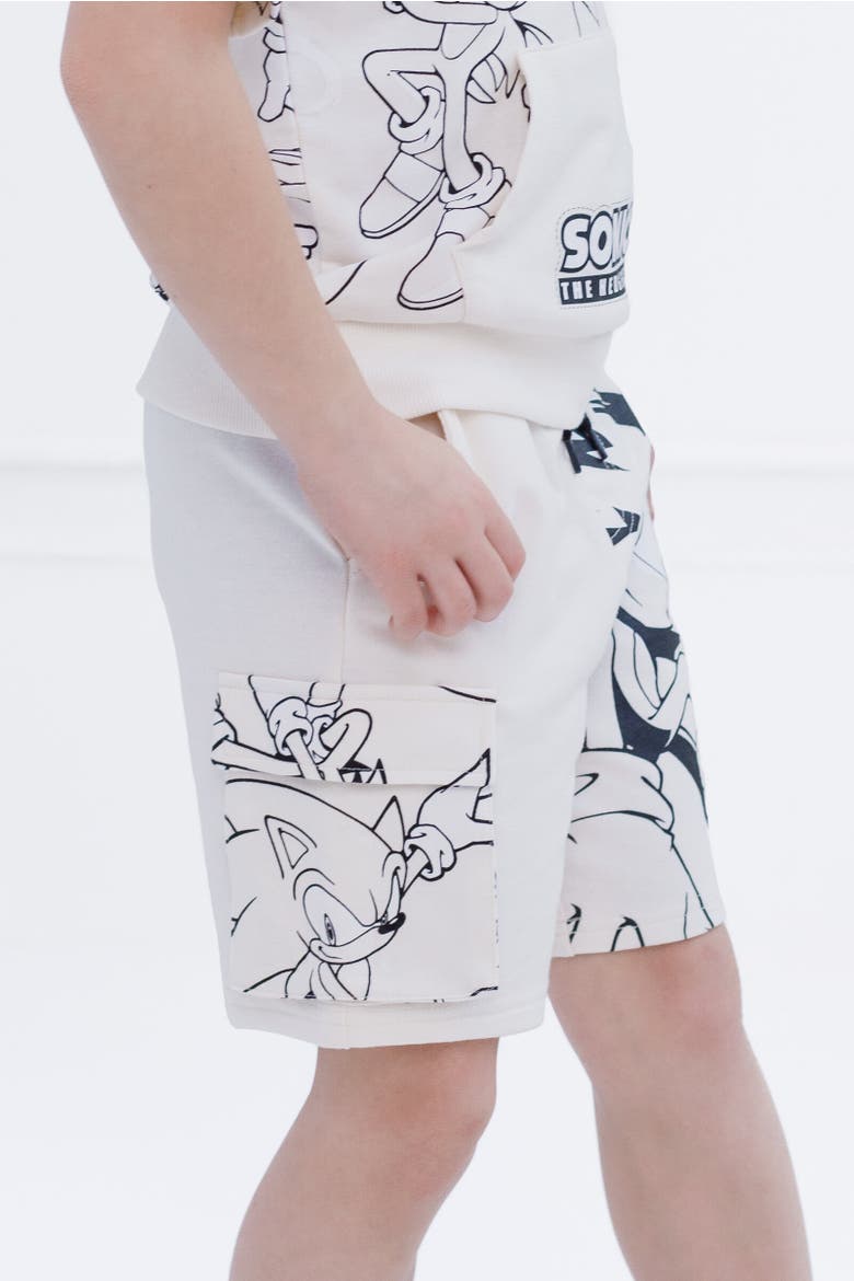 Sonic the Hedgehog Short Sleeve Hoodie & Shorts Set, Alternate, color, Cream Sonic Sketch Pattern