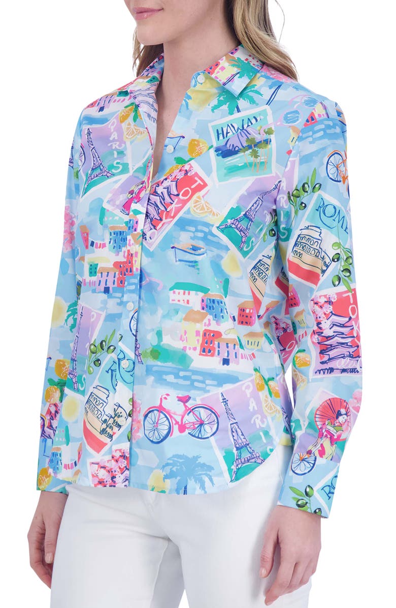 Foxcroft Meghan Travel Print Cotton Button-Up Shirt, Alternate, color, Blue Multi