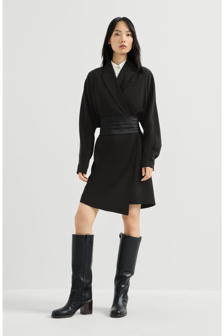 Silk and acetate crêpe cady tuxedo dress with monili, Main, color, Black