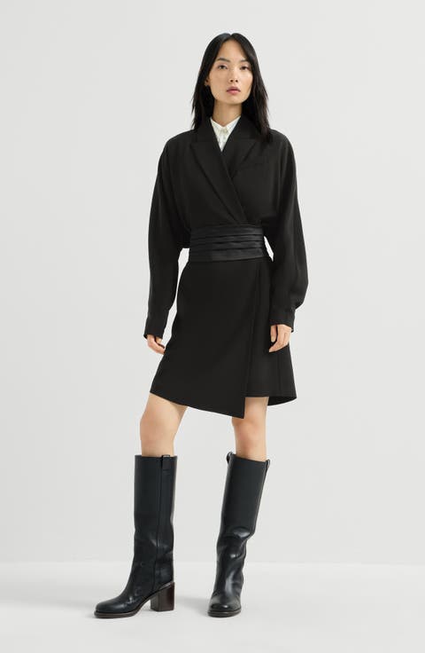 Silk and acetate crêpe cady tuxedo dress with monili