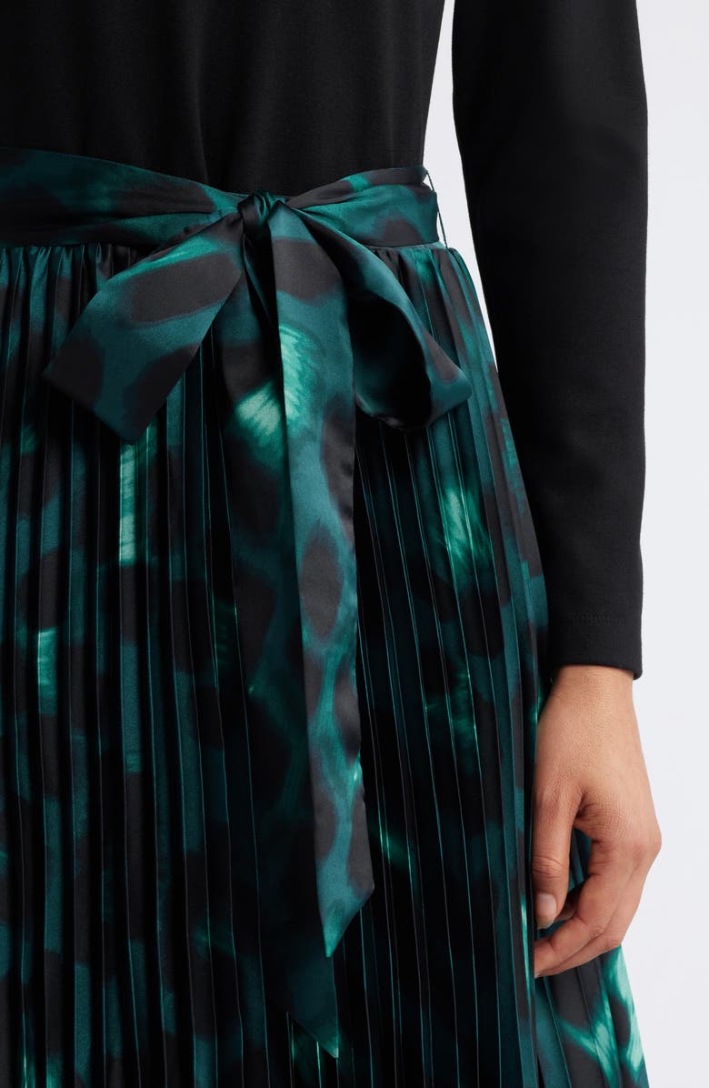 Anne Klein Pleated Tie Belt Long Sleeve Mixed Media Dress, Alternate, color,