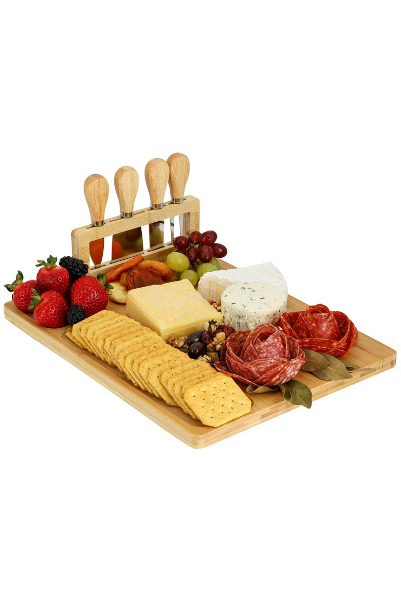 Wood Charcuterie and Cheese Board with Knife Stand Attachment and 4 Piece Knife Set, Main, color, Bamboo