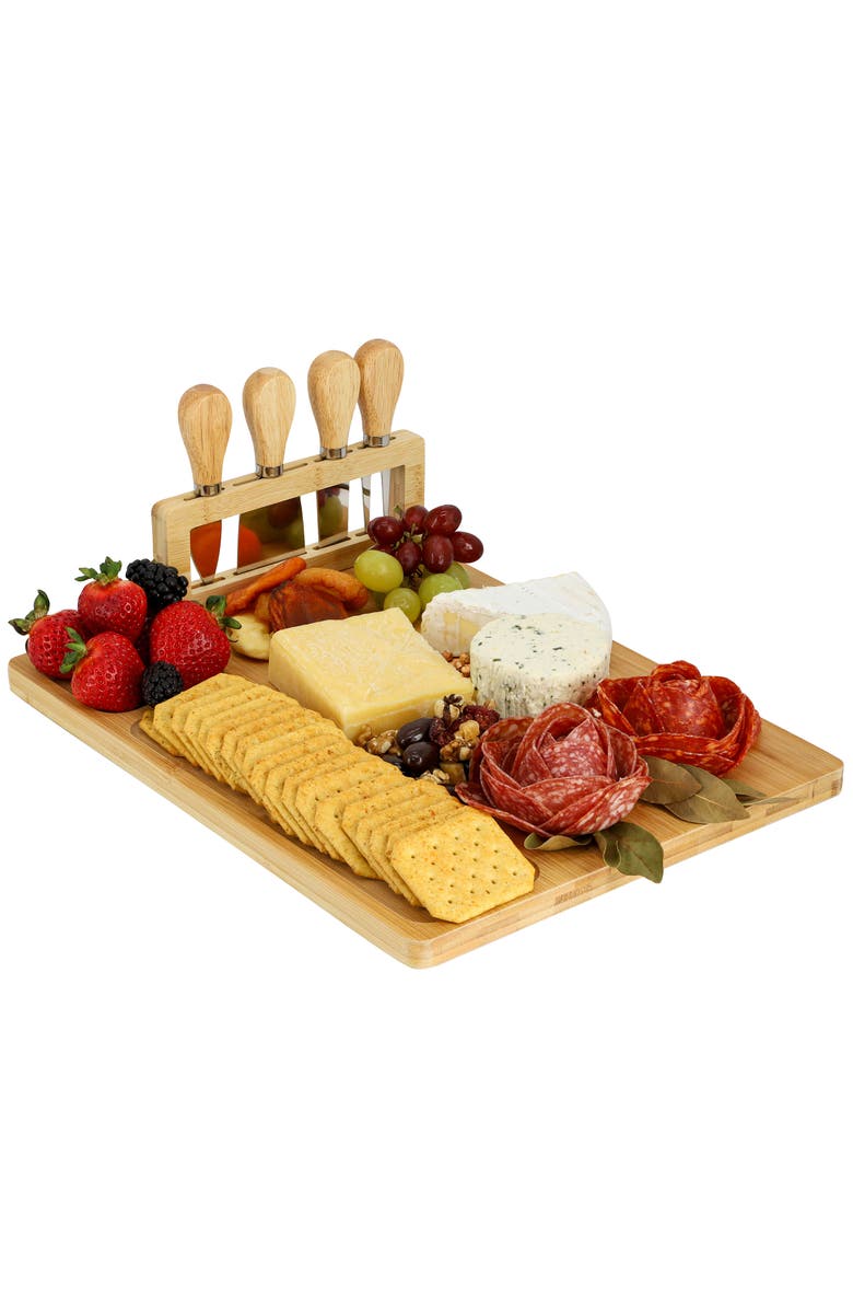 Megachef Wood Charcuterie and Cheese Board with Knife Stand Attachment and 4 Piece Knife Set, Main, color, Bamboo