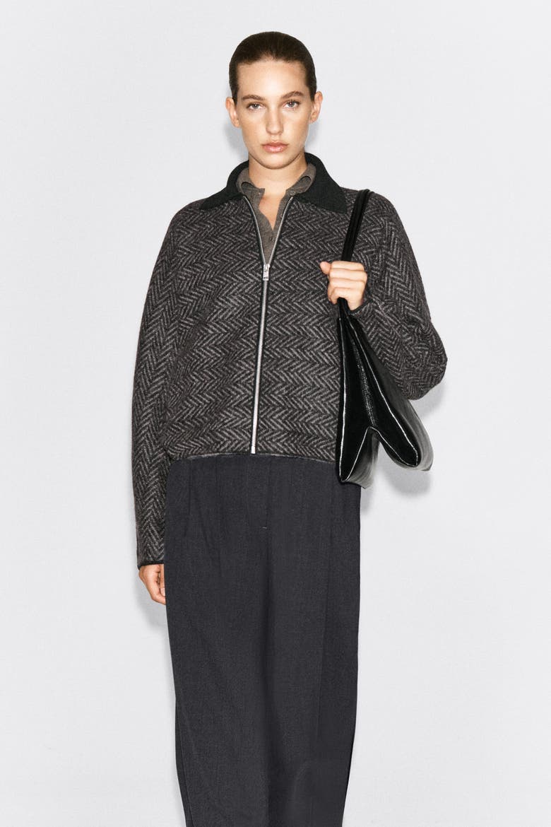 Sculpted Wool-Herringbone Zip-Up Jacket, Alternate, color, GRAY / BLACK