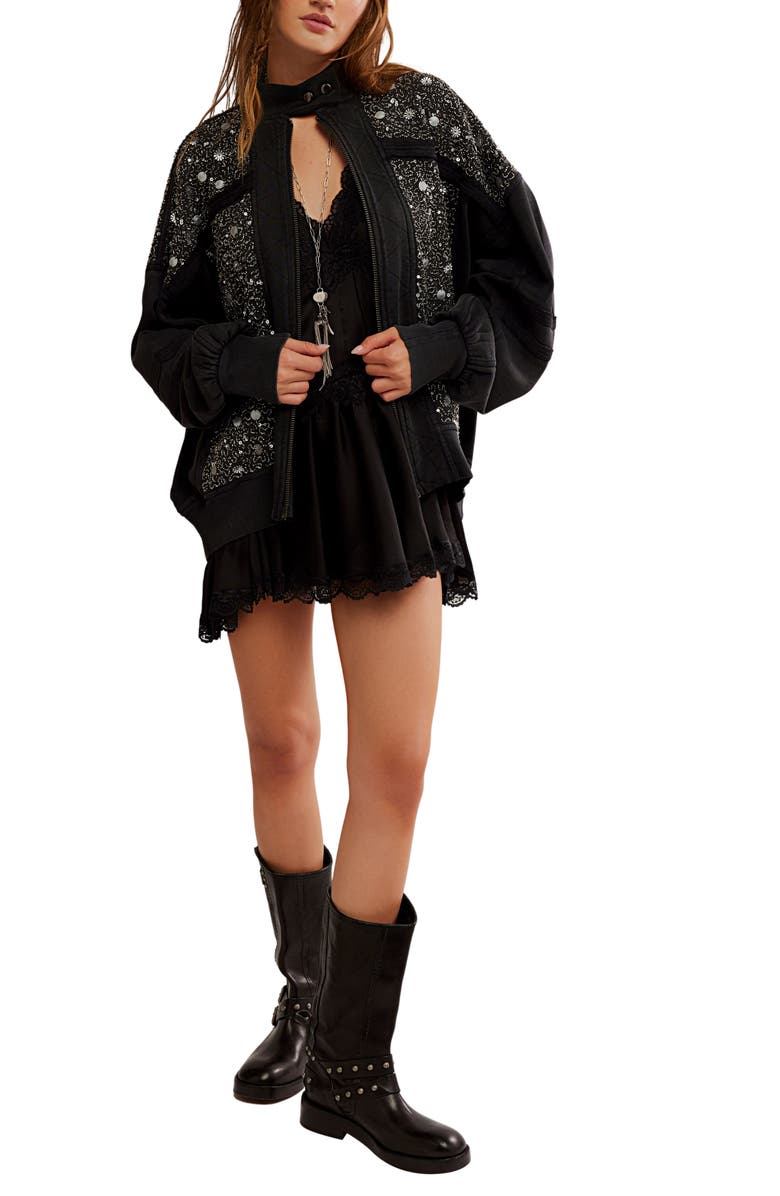 Free People Sparkle Front Zip Sweatshirt, Alternate, color, Black Combo