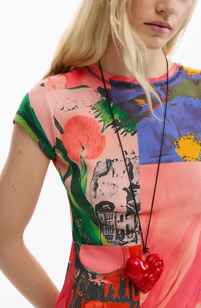 Desigual Mixed Print Stretch Cotton Knit Dress, Alternate, color, Pink