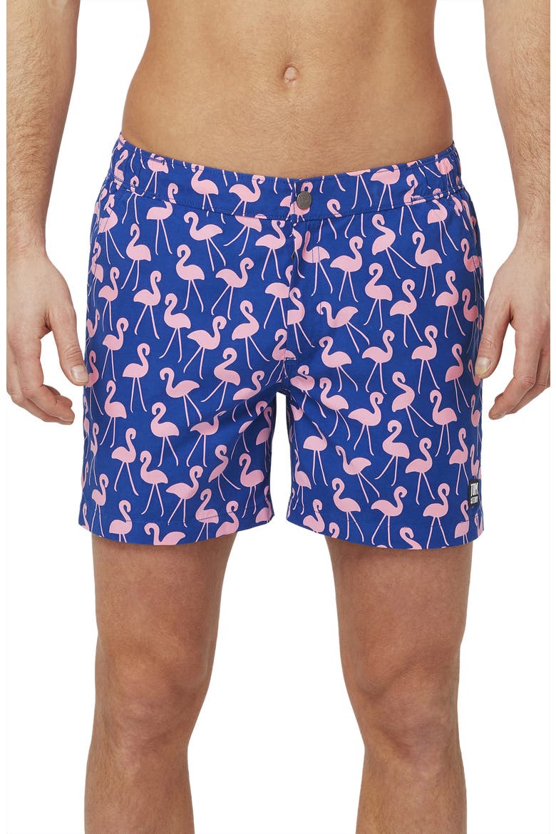 Flamingo Print Swim Trunks, Main, color, ROSE/ BLUE