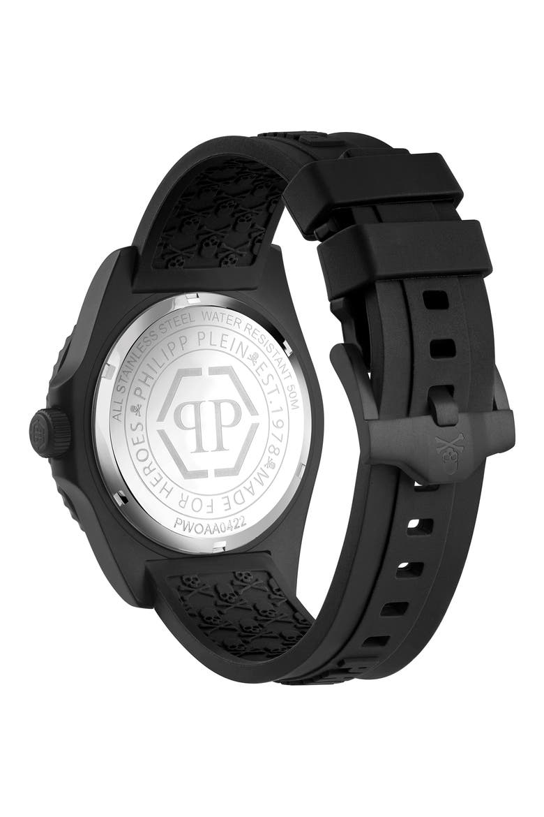 The $kull Carbon Fiber Dial Silicone Strap Watch, 44mm, Alternate, color, IP BLACK