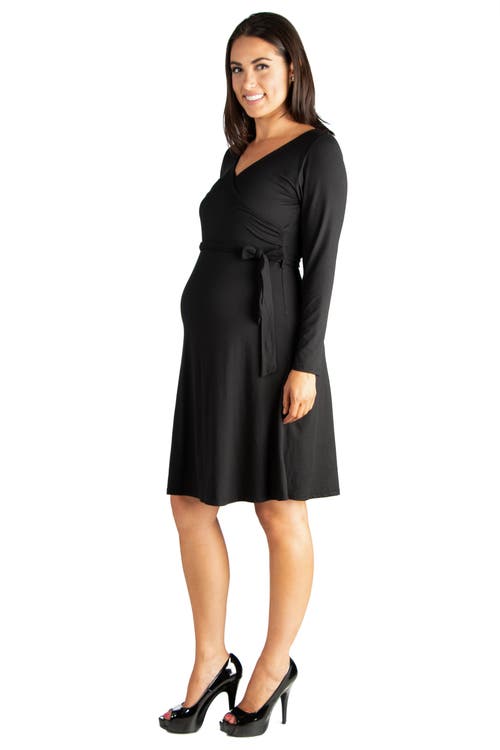 24seven Comfort Apparel Chic V-neck Long Sleeve Belted Maternity Dress In Black
