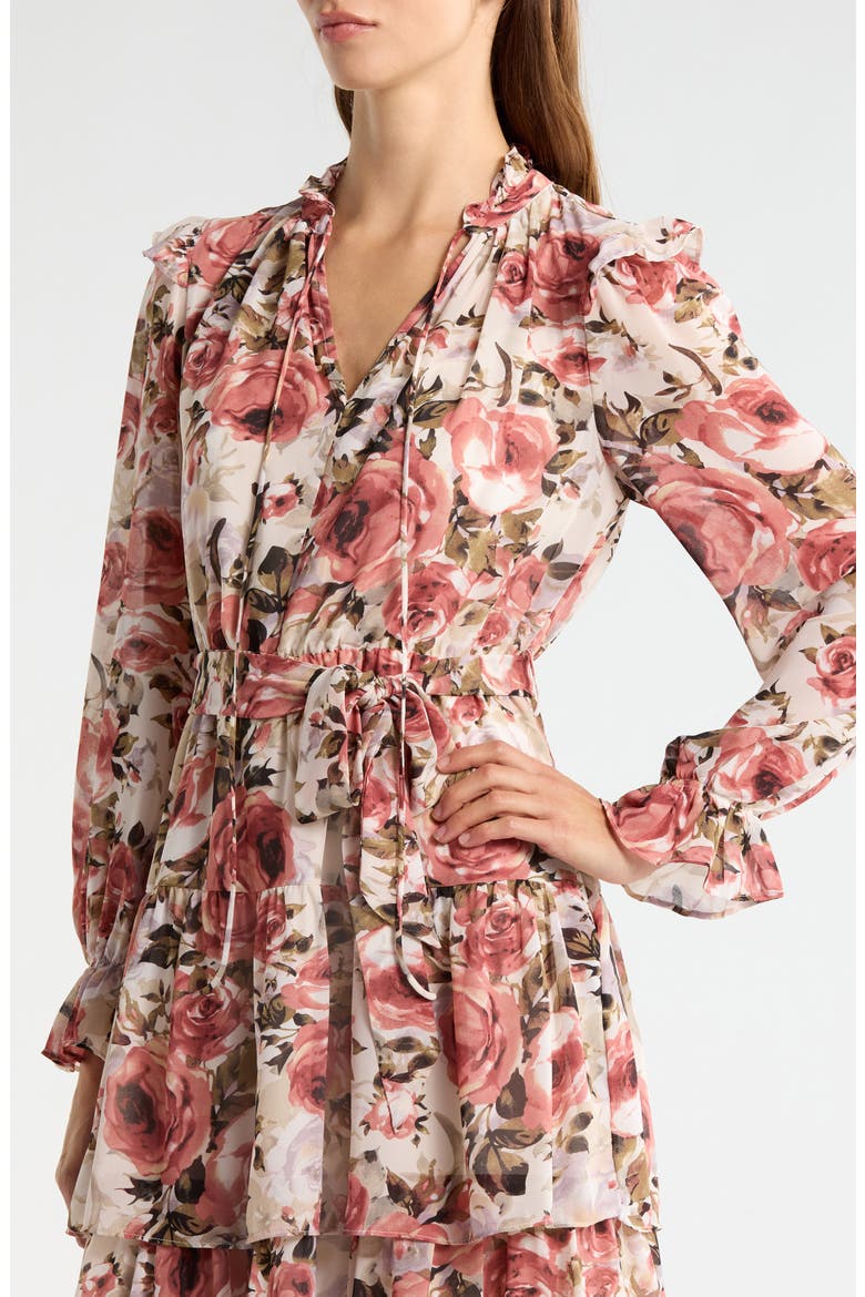 Floral Ruffle Tie Belt Long Sleeve Maxi Dress, Alternate, color, IVORY MULTI