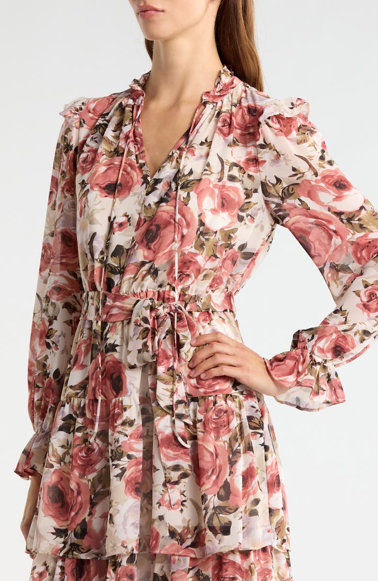 MELLODAY Floral Ruffle Tie Belt Long Sleeve Maxi Dress, Alternate, color, Ivory Multi