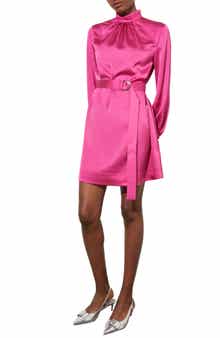 Ming Wang Belted Long Sleeve Satin Minidress