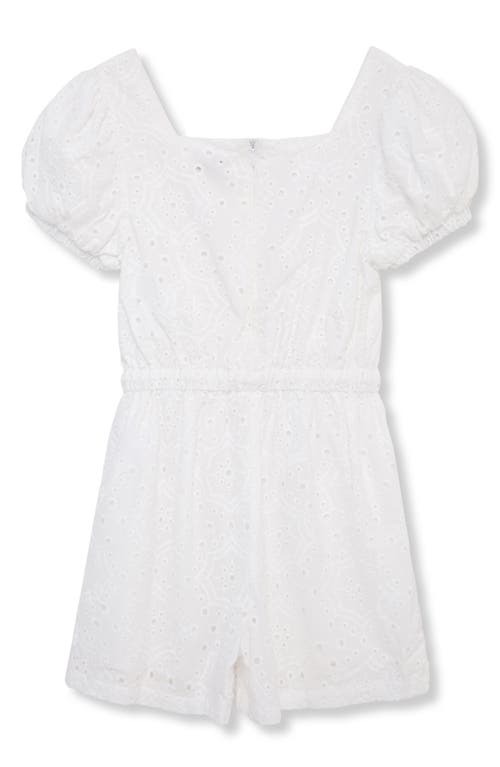 Habitual Girls' Puff Sleeve Faux Wrap Eyelet Romper - Big Kid In White