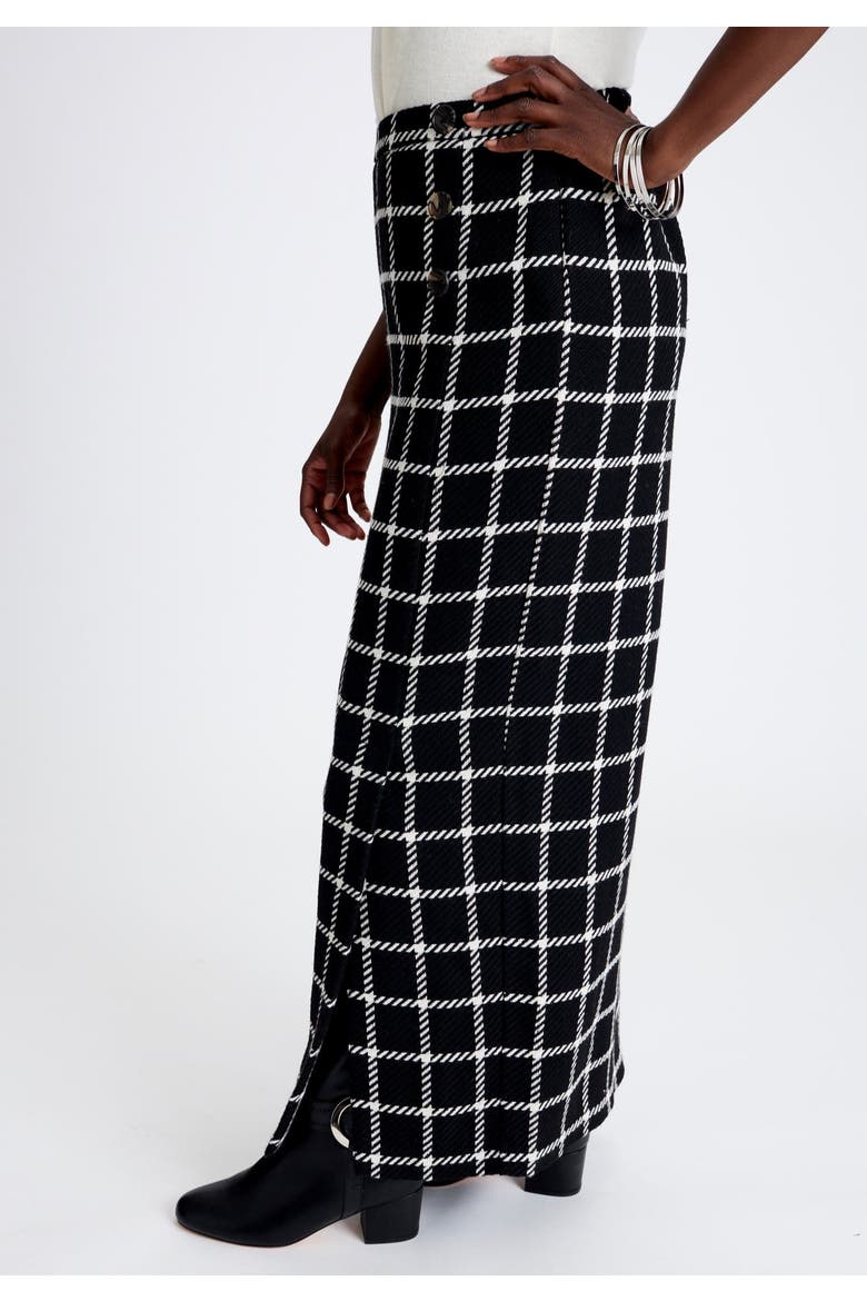 Side Button Wool Skirt, Alternate, color, BLACK IVORY WINDOWPANE
