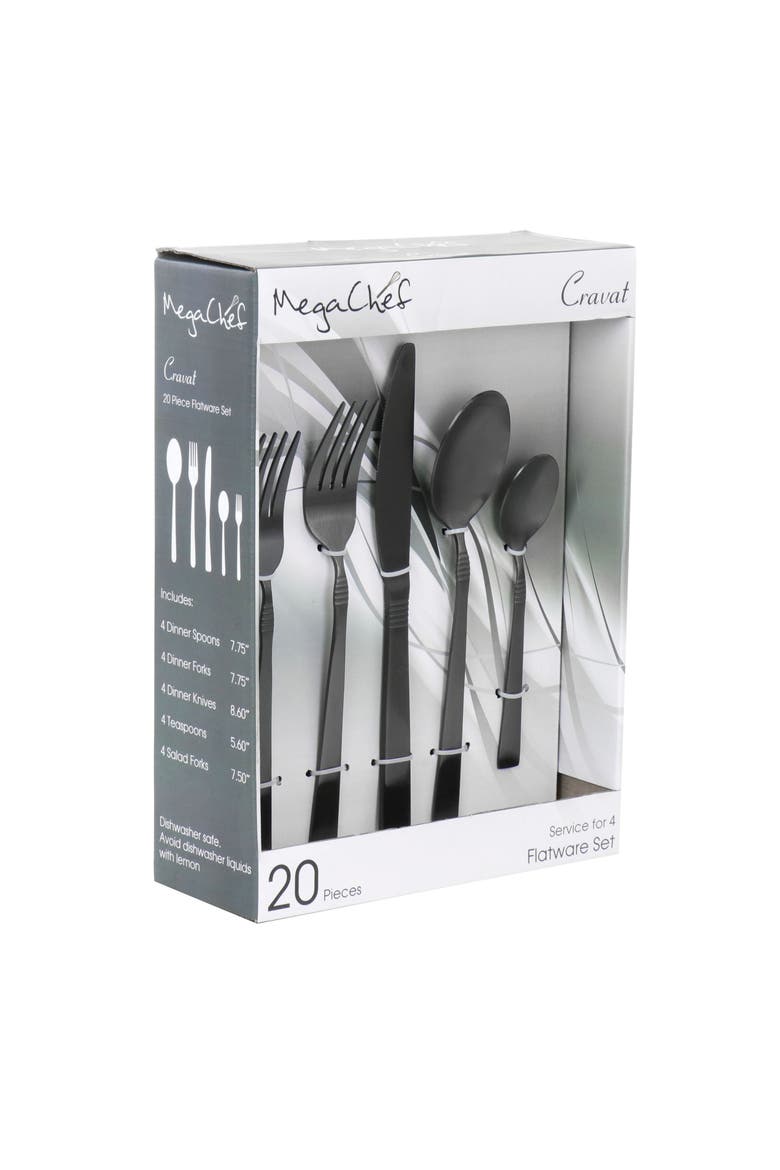 Cravat 20 Piece Flatware Utensil Set, Stainless Steel Silverware Metal Service for 4, Main, color, Matte Black