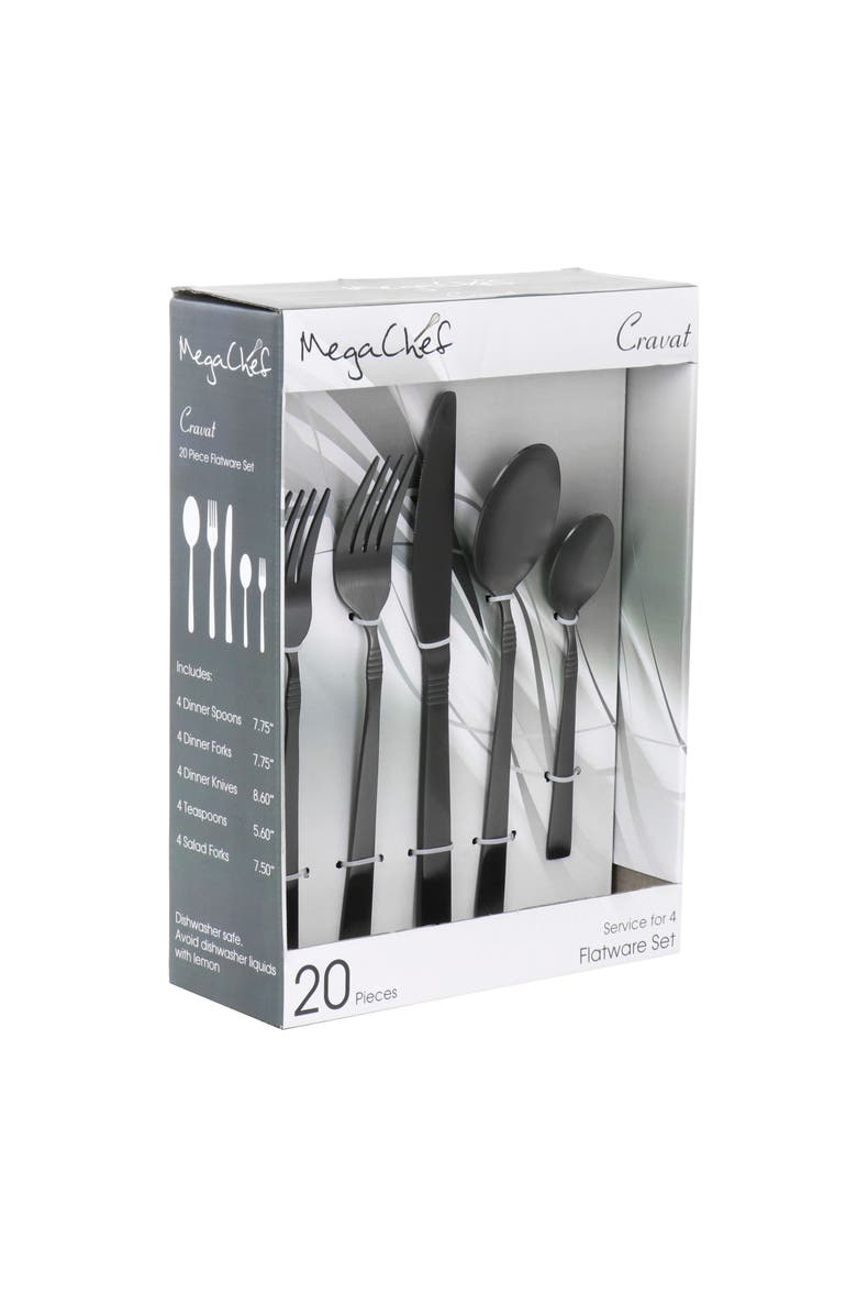 Megachef Cravat 20 Piece Flatware Utensil Set, Stainless Steel Silverware Metal Service for 4, Main, color, Matte Black