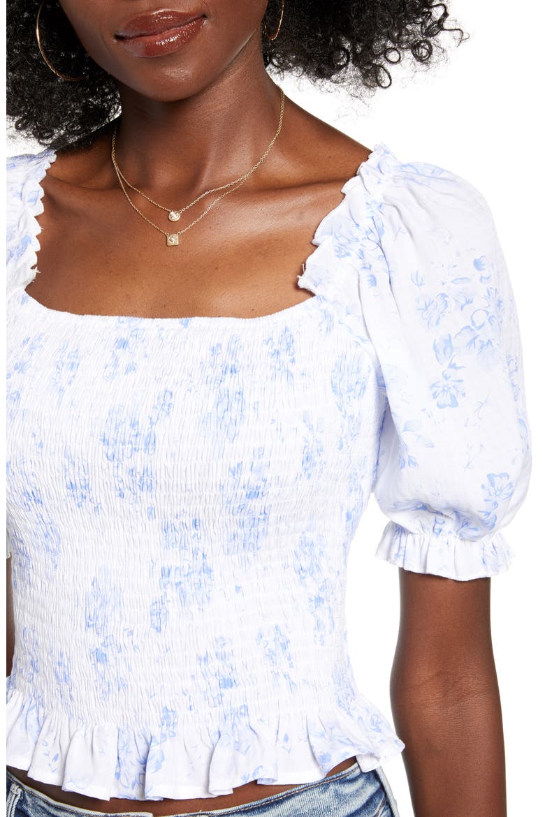 Floral Smocked Cotton Blend Blouse, Alternate, color, BLUE