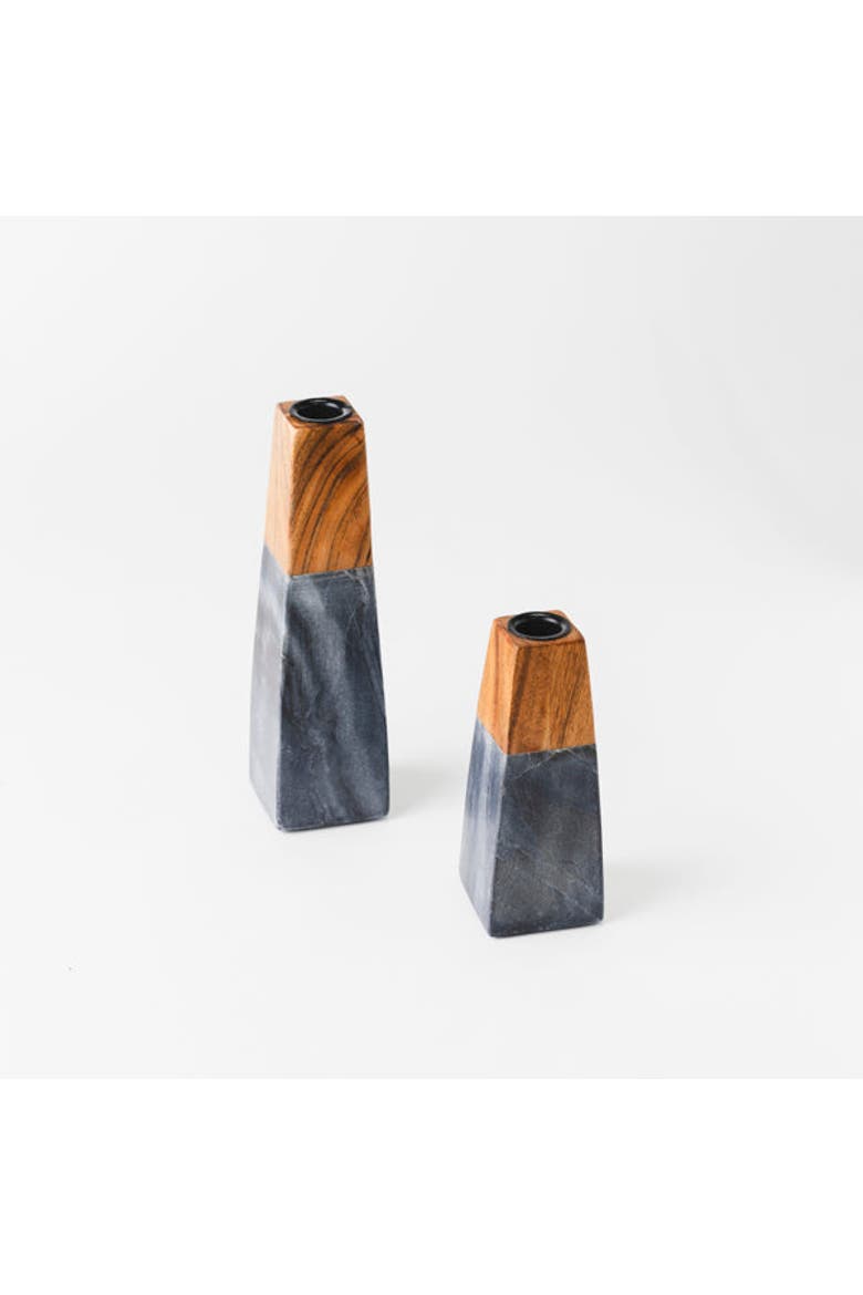 Tapered Black Marble & Acacia Sculptural Candleholders, Alternate, color, Black - Large