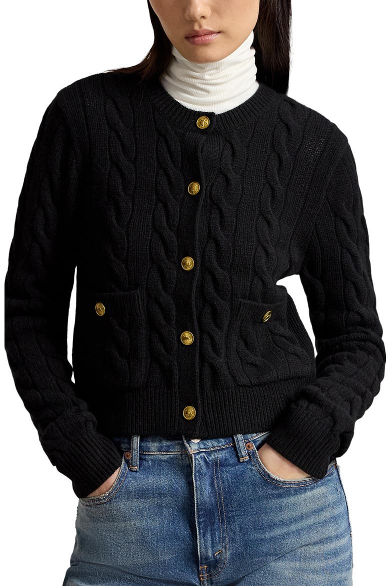 Cable Knit Wool & Cashmere Cardigan, Main, color, BLACK