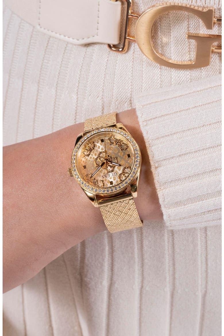 Boa Crystal Bezel Goldtone Mesh Strap Watch, 32mm, Alternate, color, GOLD